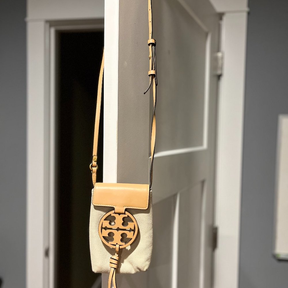 Tory Burch Miller Crossbody Phone Case. Leather and Canvas.